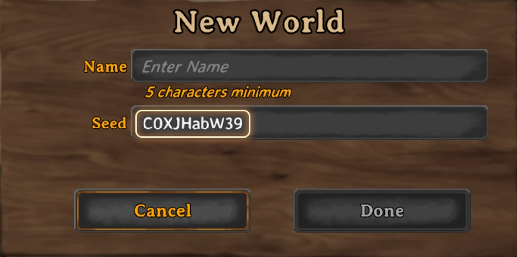 The New World screen with a seed typed into the Seed field