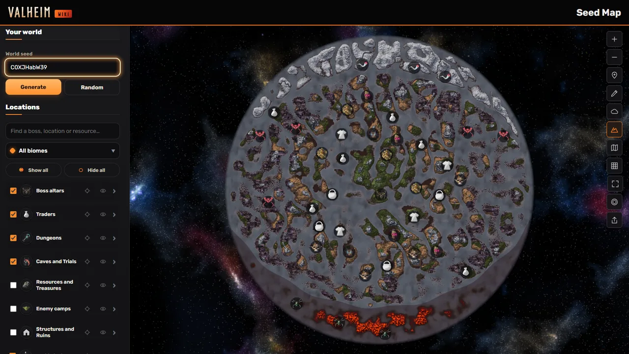 The Seed Map showing a generated world for the seed C0XJHabW39